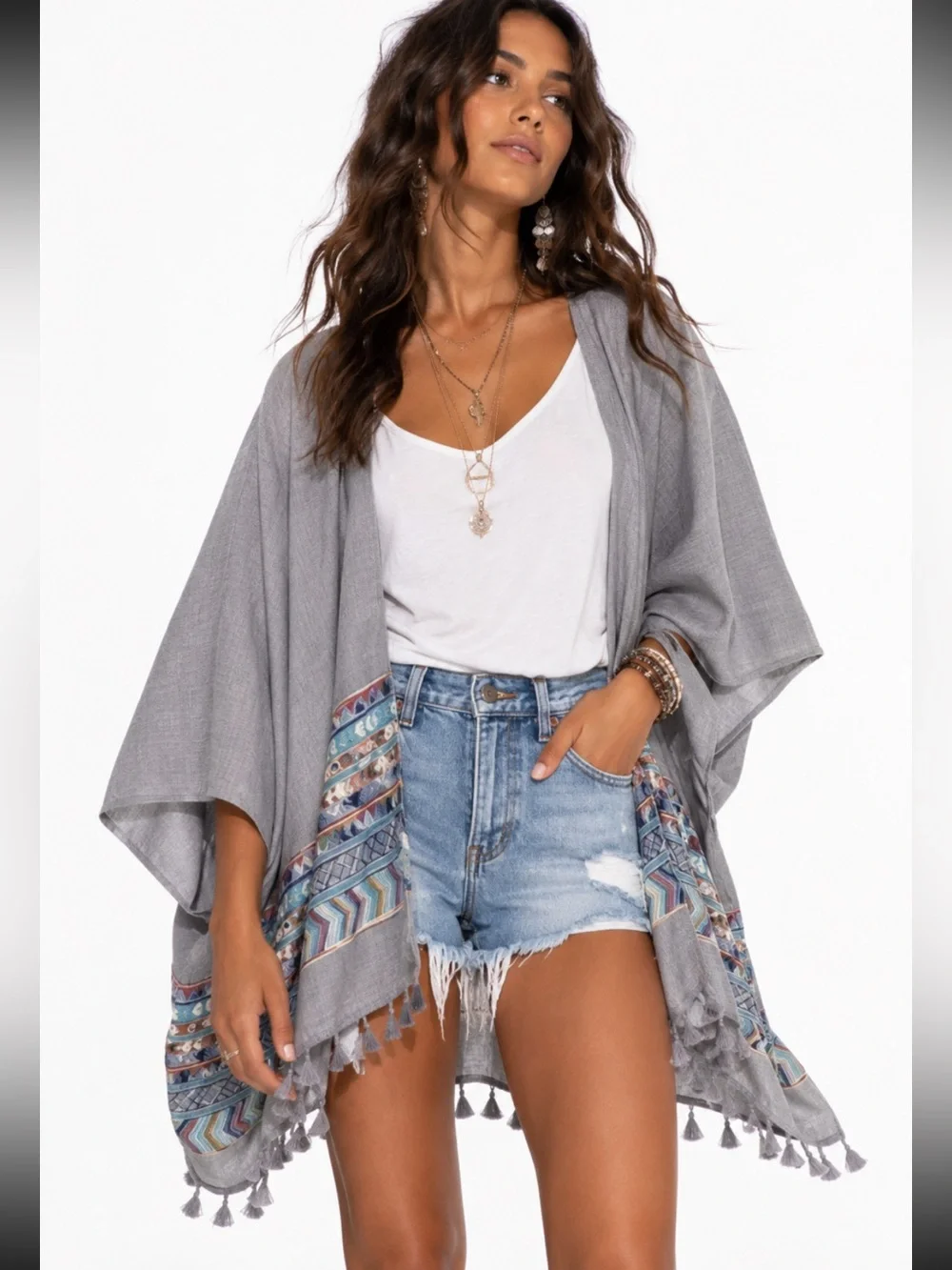 Gray Tassel Hem Kimono with Geometric Multicolor Trim - One Size